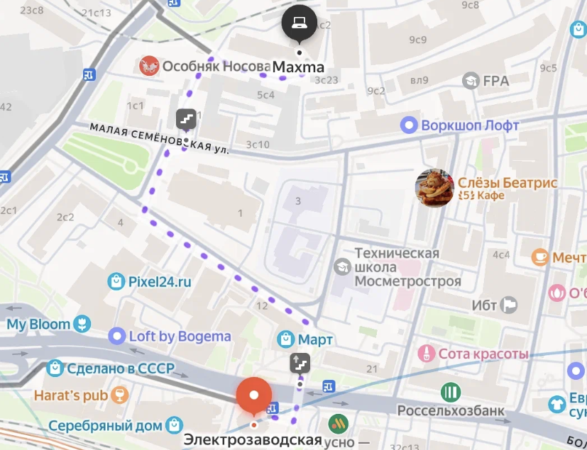 Карта проезда до офиса Maxma от метро Электрозаводская